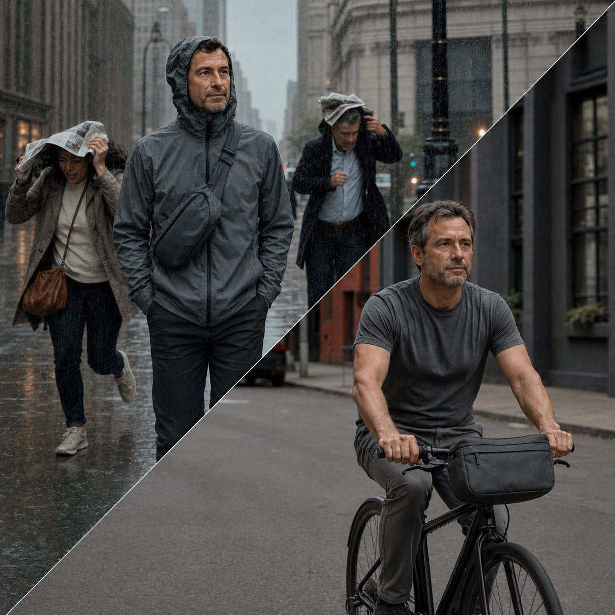 A man riding through the city with the Slate Carry sling hung on his handlebars